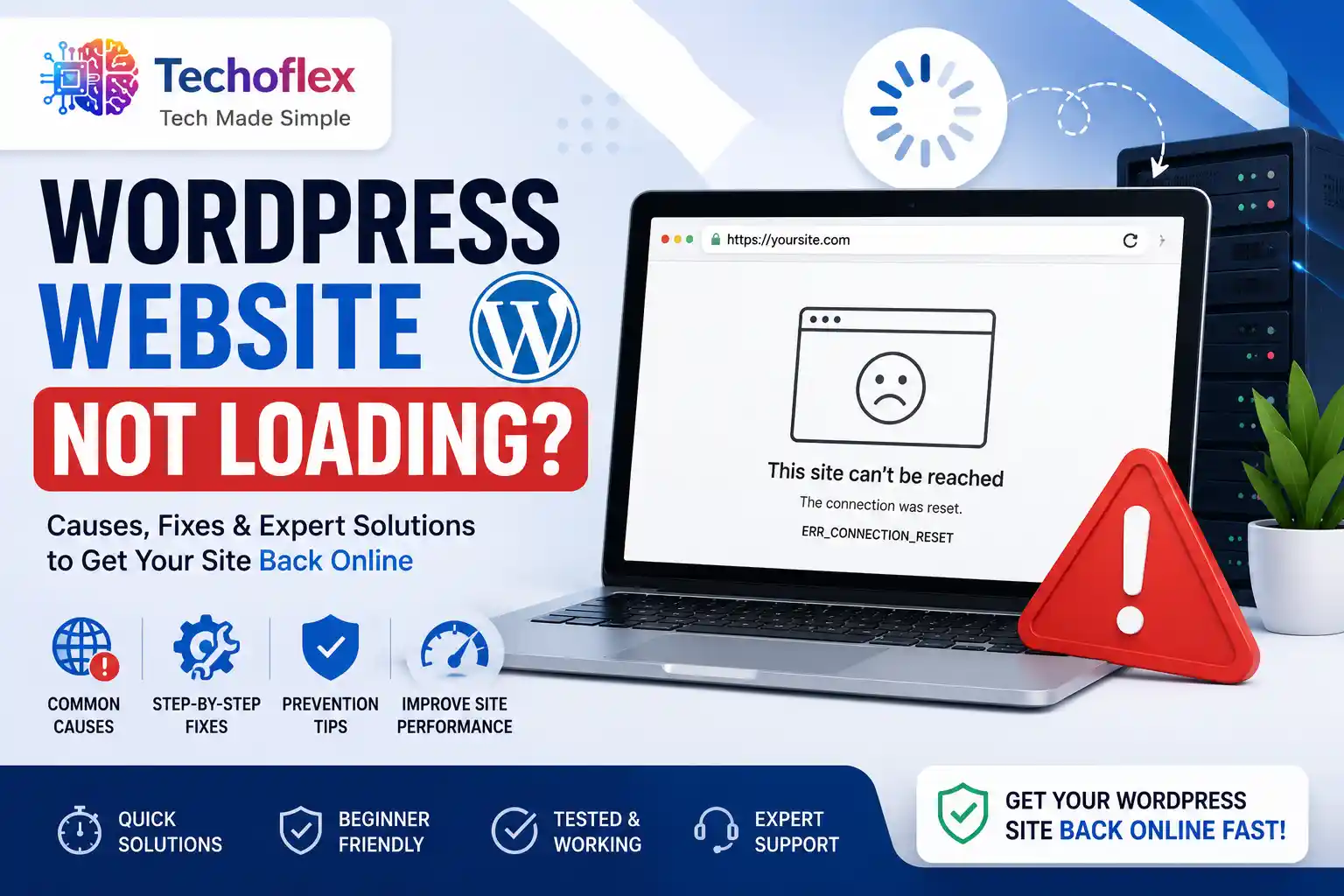 WordPress website not loading error with troubleshooting steps to fix website downtime and loading issues