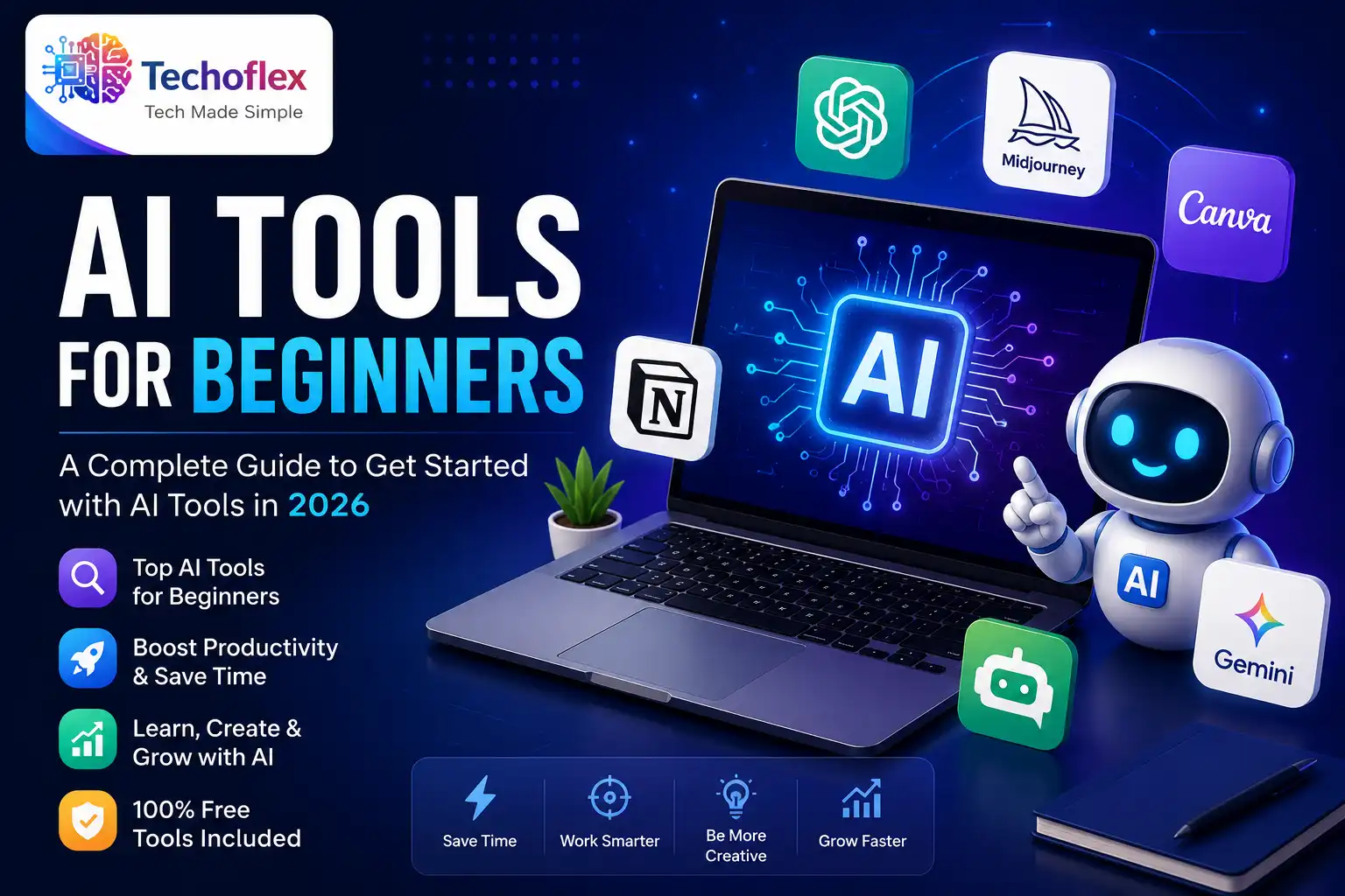 AI Tools for Beginners 2026 complete guide featuring ChatGPT, Gemini, Canva and other AI tools by Techoflex