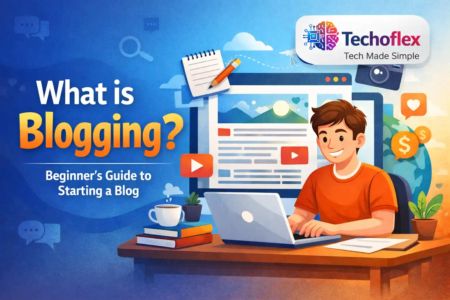 What is Blogging beginner guide showing a blogger working on laptop with blogging icons