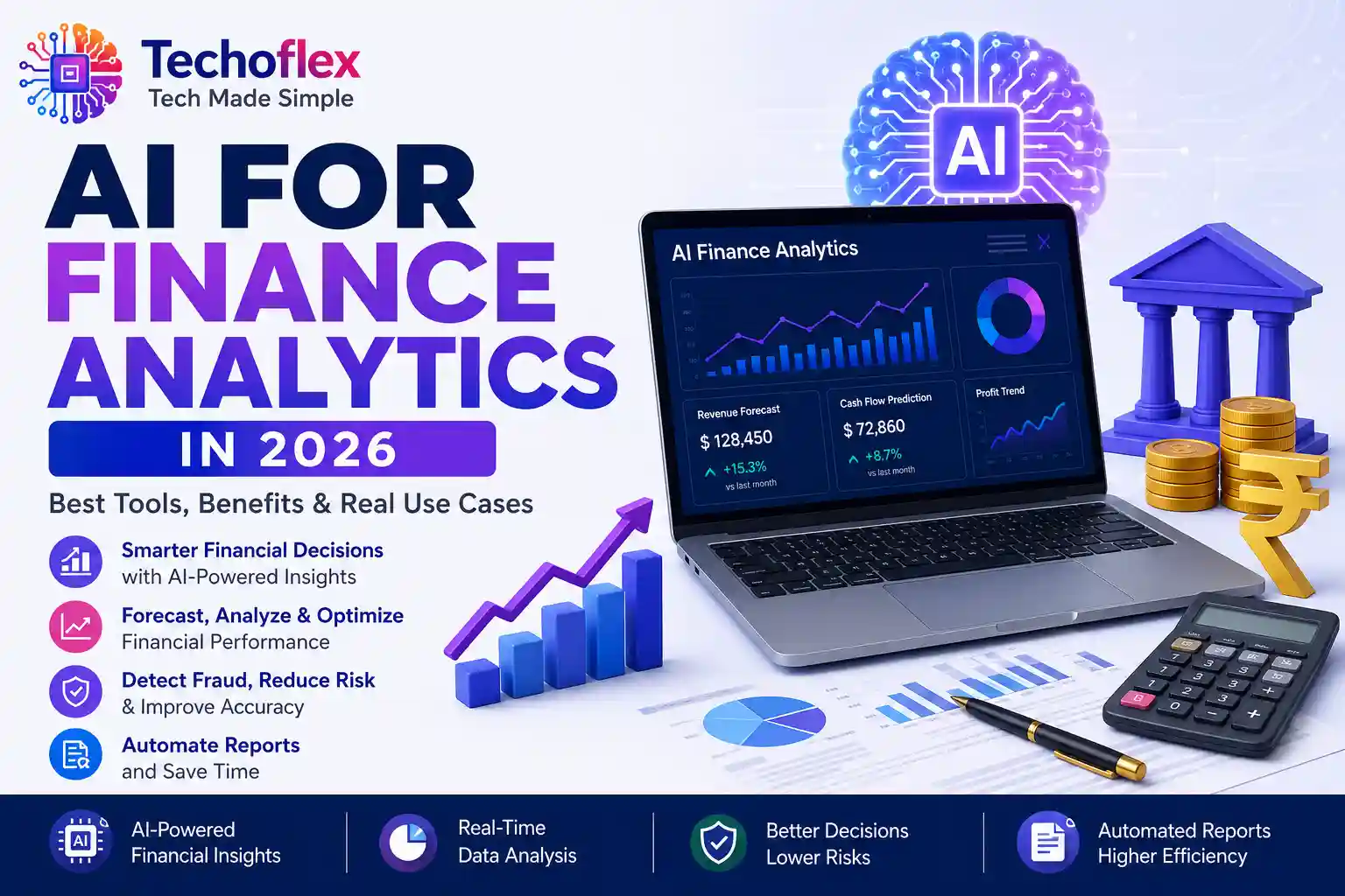 AI for Finance Analytics in 2026 showing financial dashboards and AI-powered business analytics