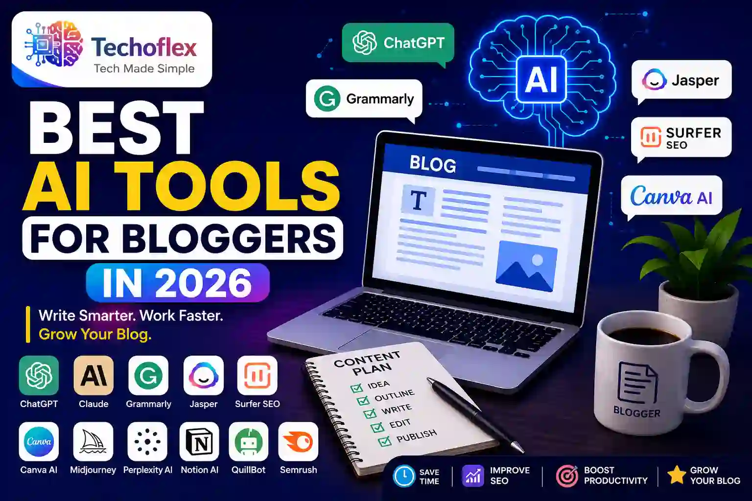 Best AI Tools for Bloggers in 2026 including ChatGPT, Canva AI, Surfer SEO, Jasper AI, Grammarly, Notion AI, and Perplexity AI for content creation, SEO, and blogging productivity.