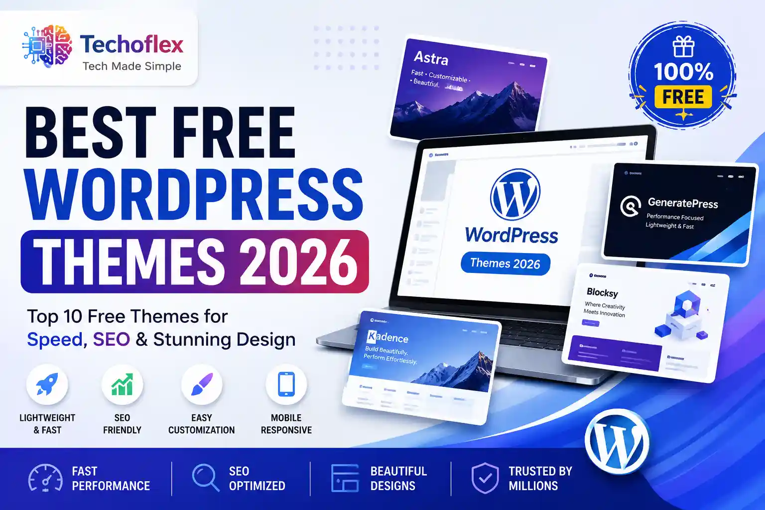 Best Free WordPress Themes 2026 featuring Astra, GeneratePress, Kadence and Blocksy for speed, SEO and website performance